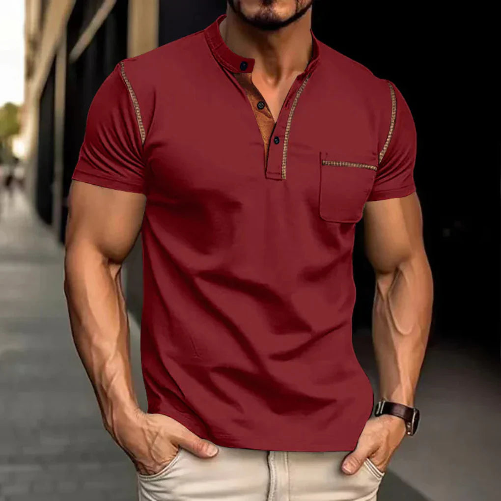 Glevato | Men's Band Collar Polo Shirt with Pocket Detail