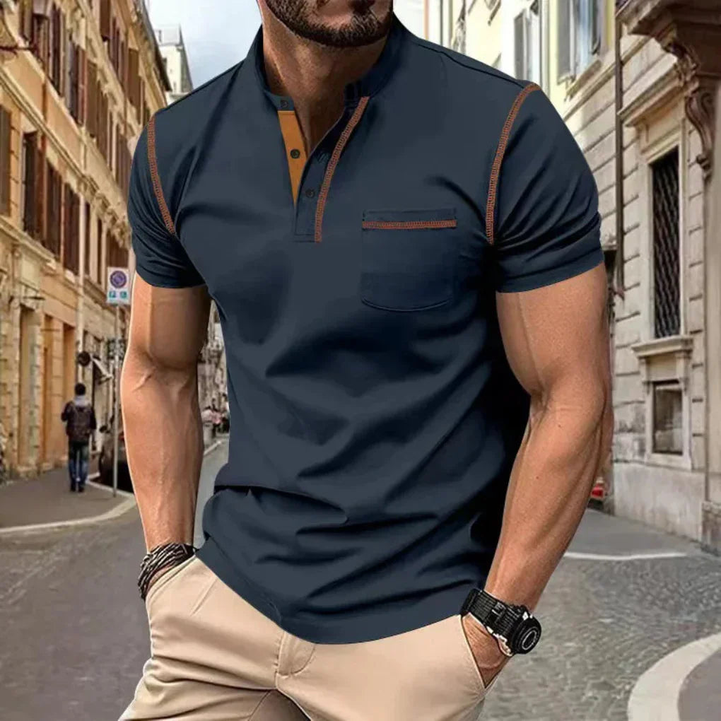 Glevato | Men's Band Collar Polo Shirt with Pocket Detail