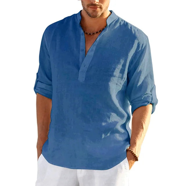 Glevato | Men's Mandarin Collar Shirt – Relaxed Fit Long Sleeve Henley