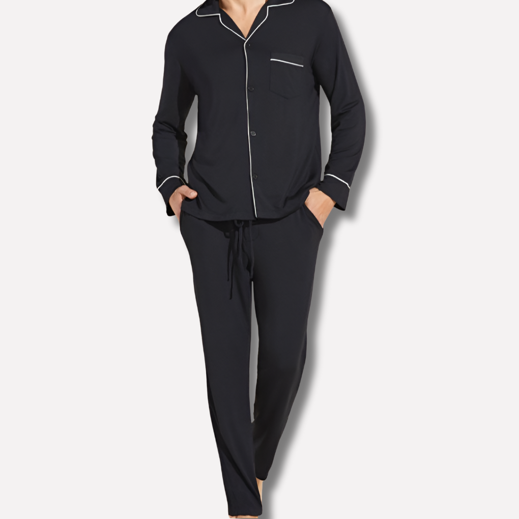 Glevato | Men's Piped Pajama Set Long Sleeve Sleepwear