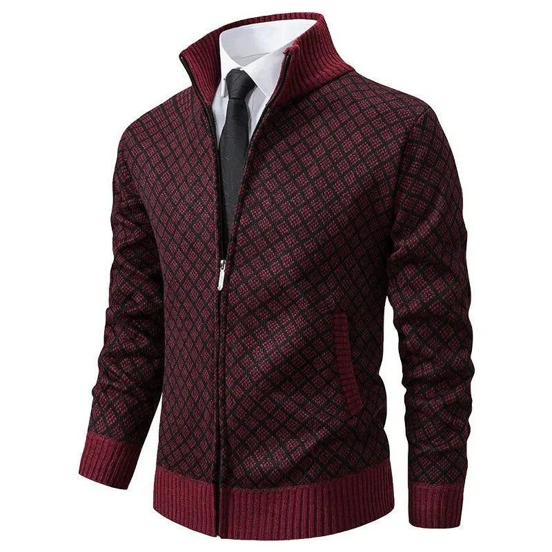 Glevato | Men's Zip Front Geometric Pattern Knit Cardigan