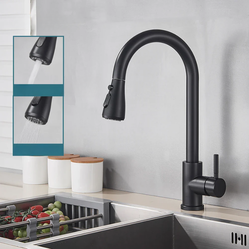 Glevato | Pull-Out Faucet with Single Lever Mixer – Flexible Faucet with Shower Function, High Quality Stainless Steel, Ideal for Modern Kitchens, Easy Installation