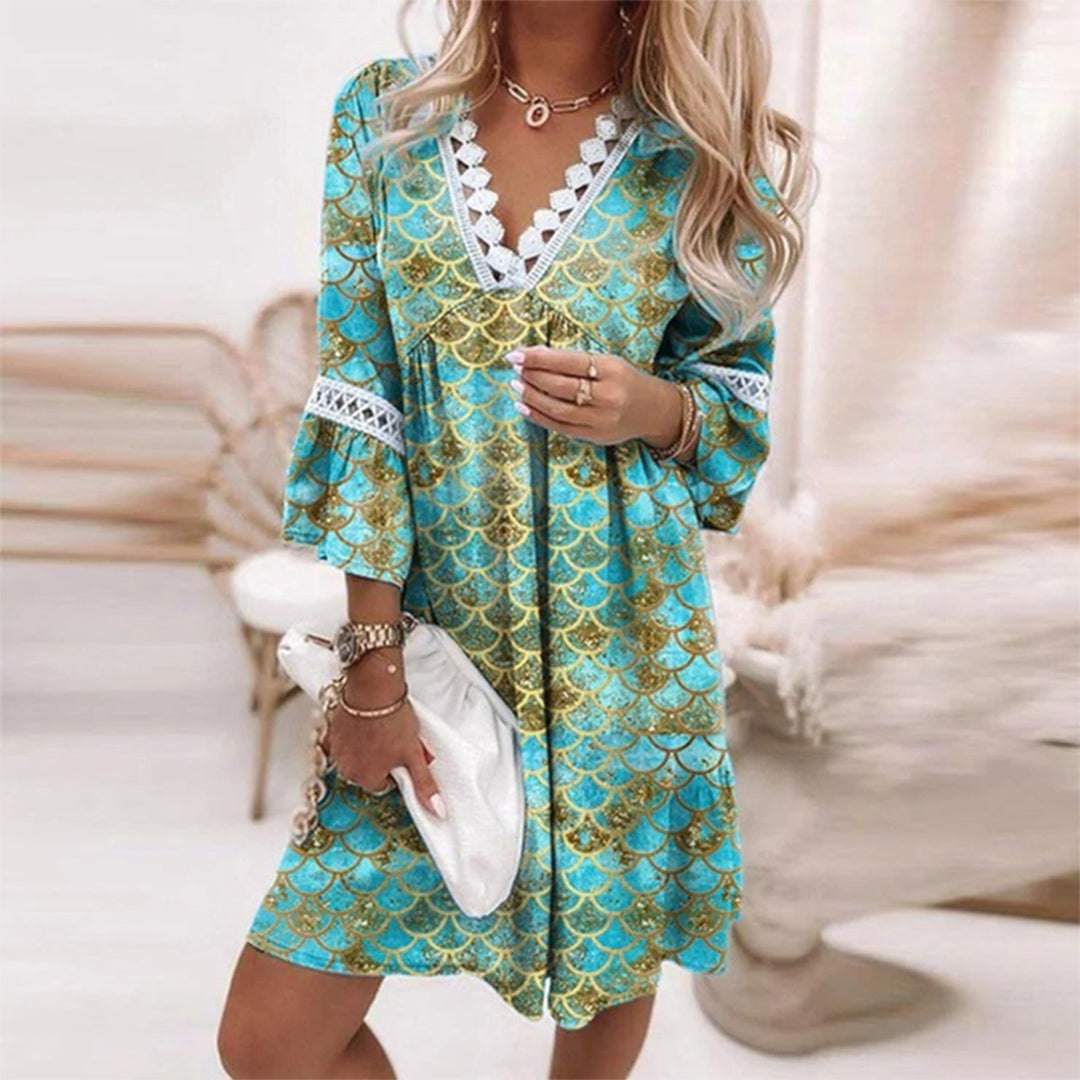 Glevato | Women's Boho V-Neck Mini Dress with Crochet Trim