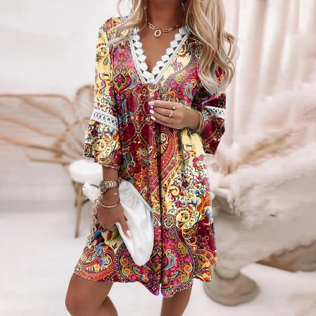 Glevato | Women's Boho V-Neck Mini Dress with Crochet Trim