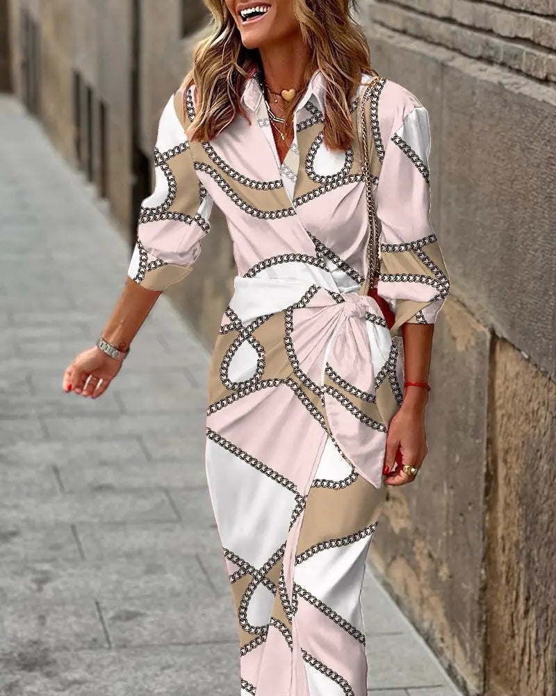 Glevato | Women's Collared Wrap Midi Dress with Tie