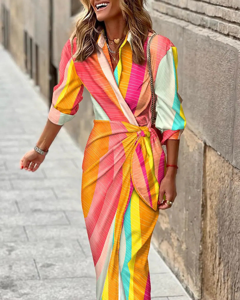 Glevato | Women's Collared Wrap Midi Dress with Tie