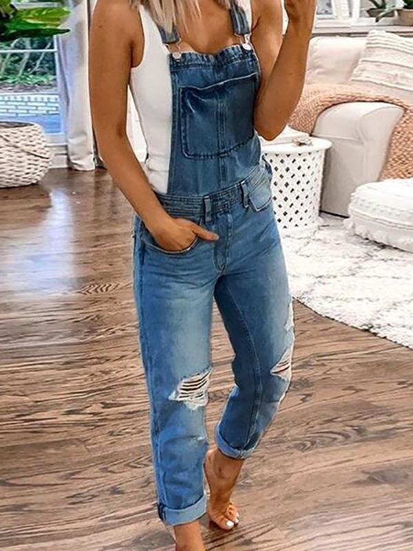Glevato | Women's Denim Overalls Ripped Ankle Length