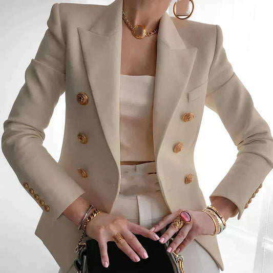 Glevato | Women's Double-Breasted Blazer Gold Button Detail