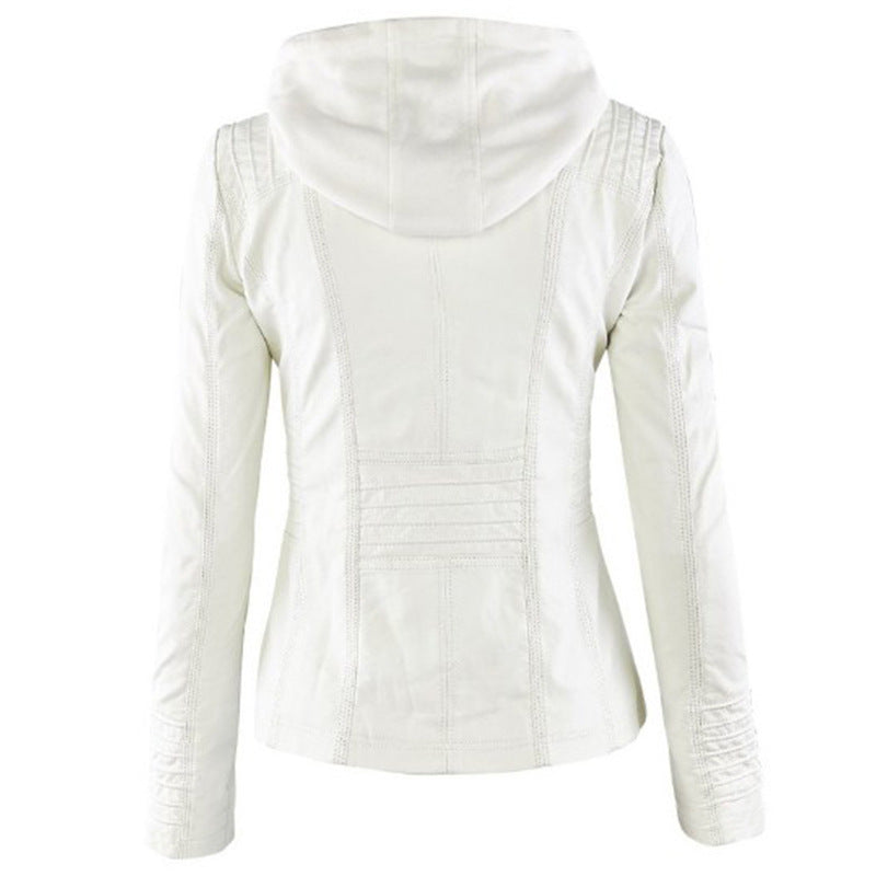 Glevato | Women's Faux Leather Moto Jacket with Detachable Hood