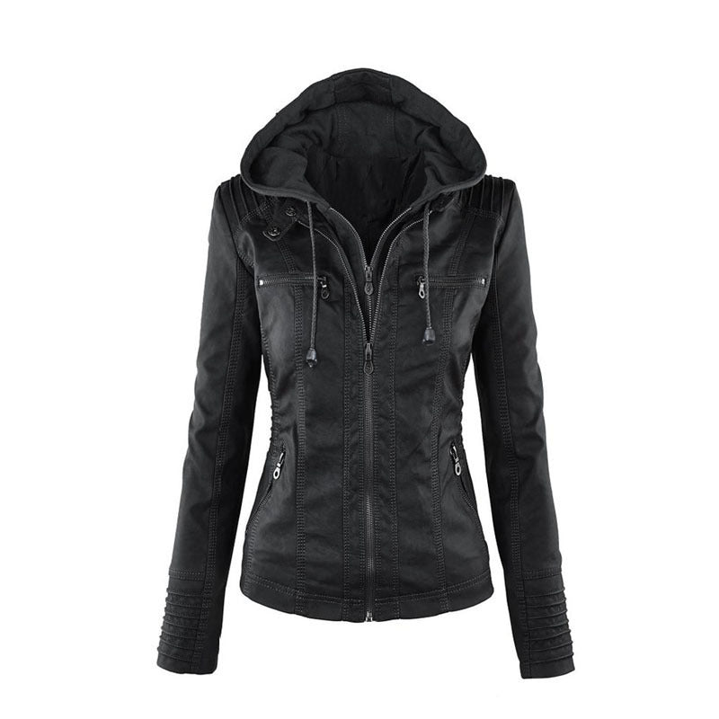 Glevato | Women's Faux Leather Moto Jacket with Detachable Hood