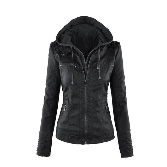 Glevato | Women's Faux Leather Moto Jacket with Detachable Hood