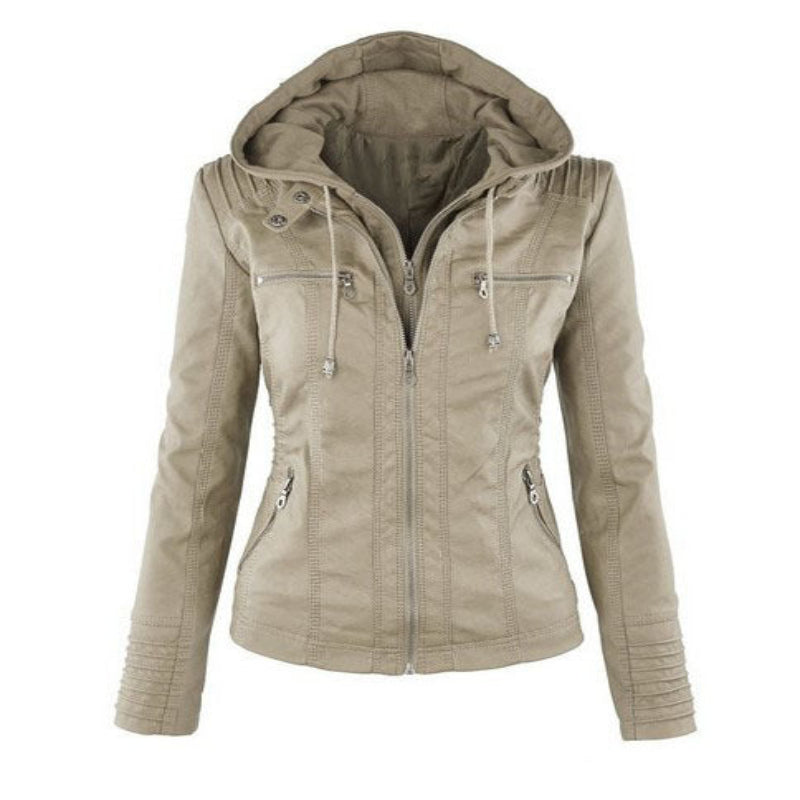 Glevato | Women's Faux Leather Moto Jacket with Detachable Hood