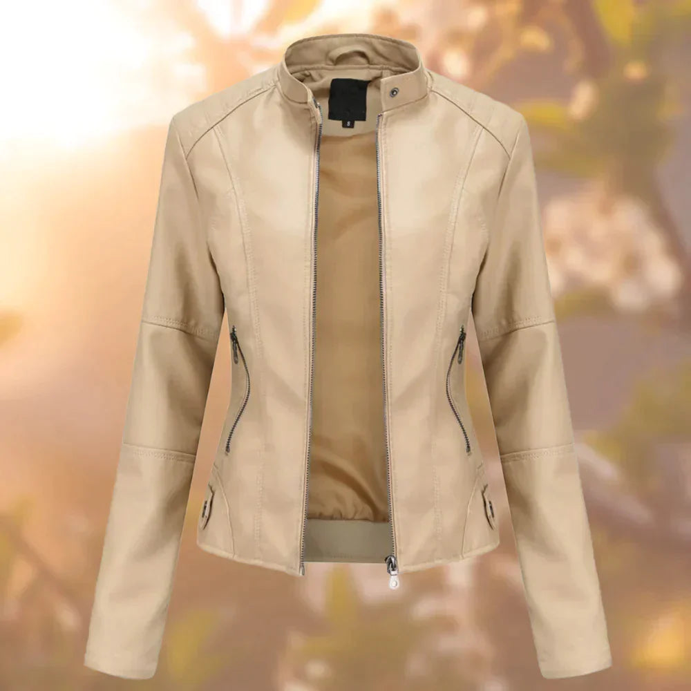 Glevato | Women's Faux Leather Moto Jacket with Stand Collar