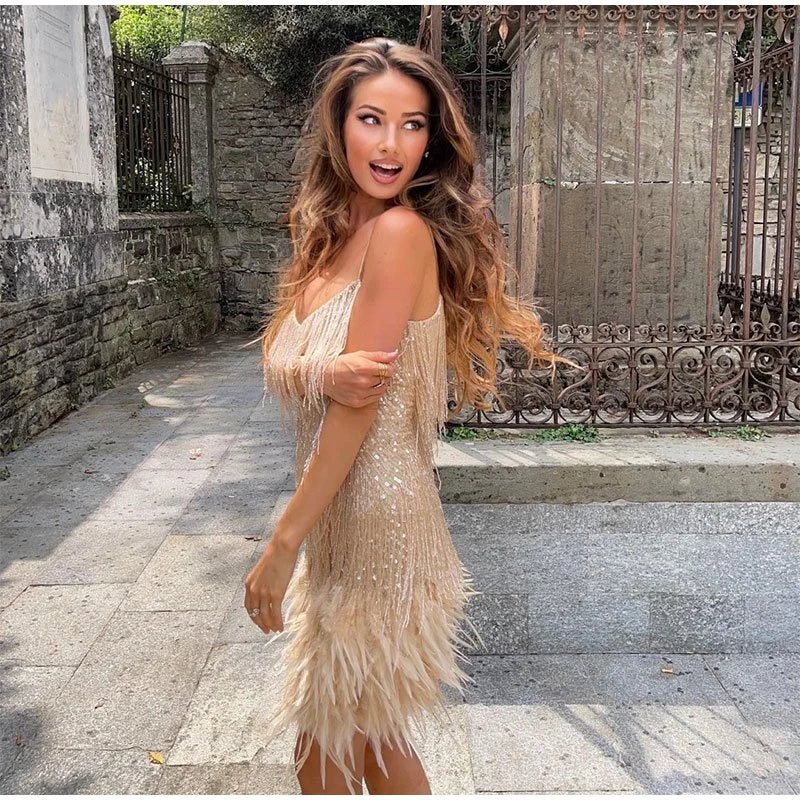 Glevato | Women's Feather Fringe Mini Dress