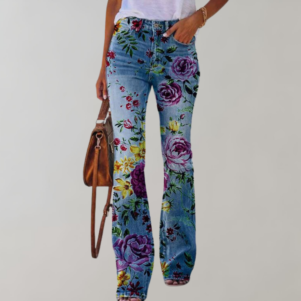 Glevato | Women's Floral Flare Leg Jeans