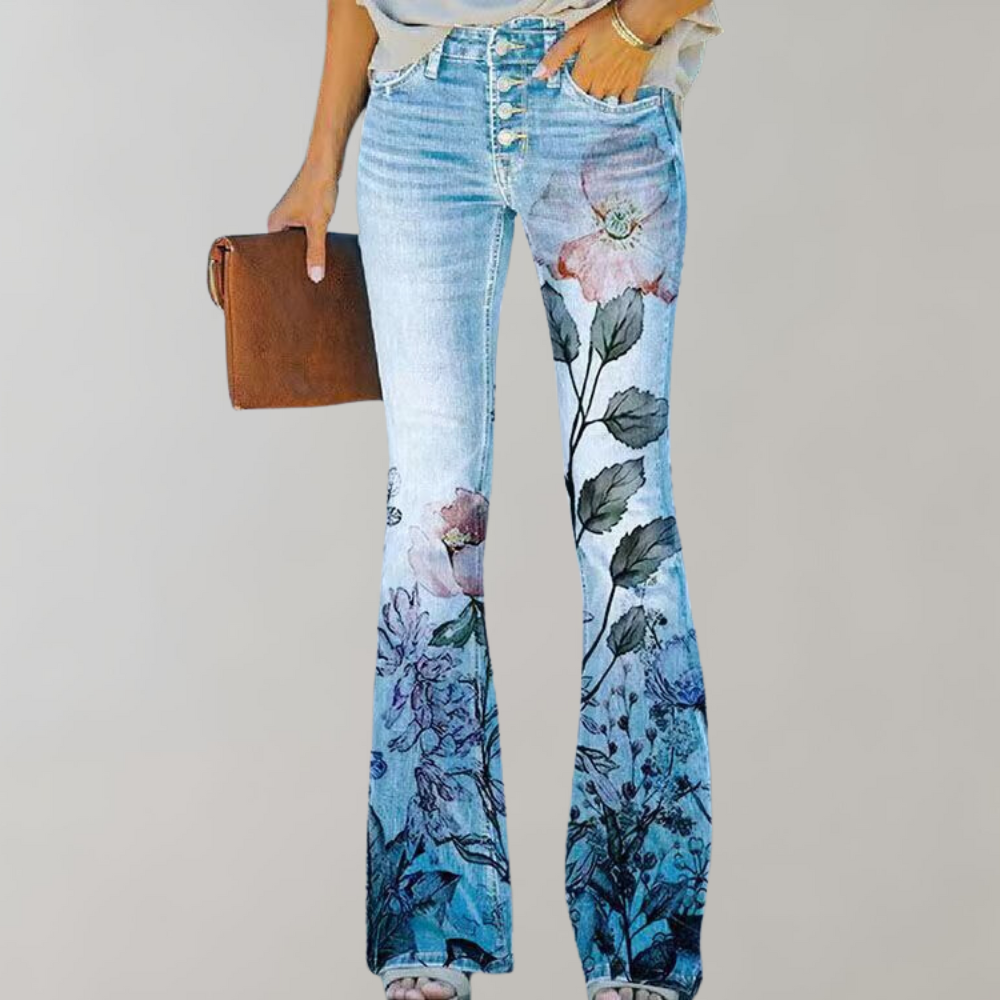 Glevato | Women's Floral Flare Leg Jeans