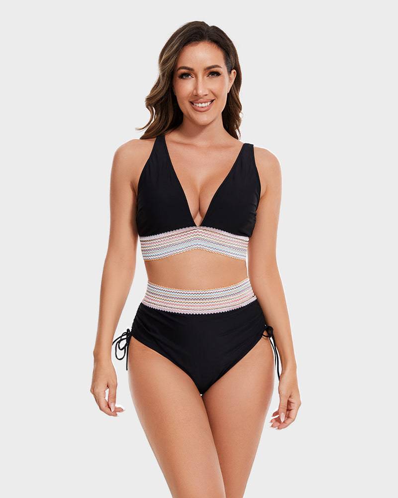 Glevato | Women's High-Waisted Bikini with Striped Trim