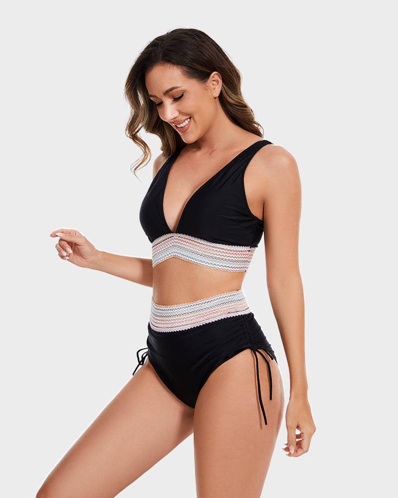 Glevato | Women's High-Waisted Bikini with Striped Trim