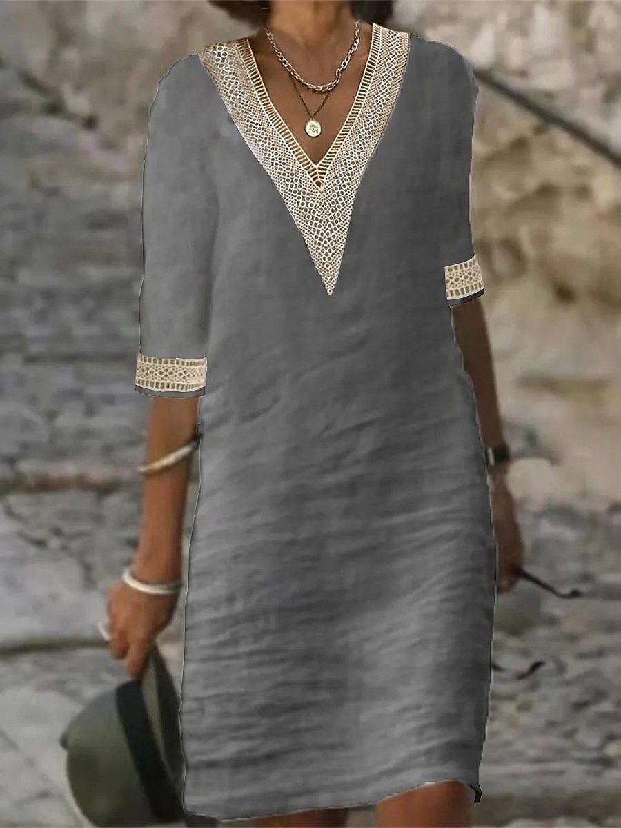 Glevato | Women's Lace Trim V-Neck Casual Dress