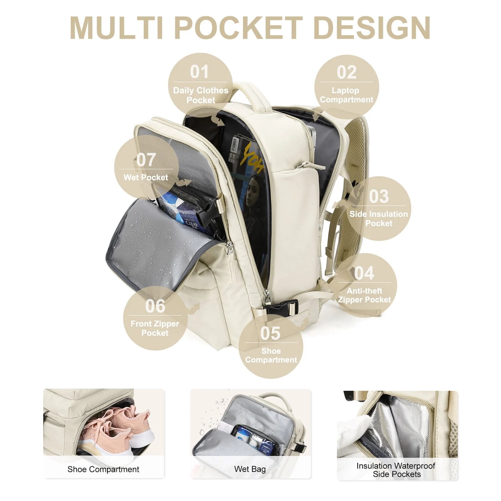 Glevato | Women's Large Travel Backpack – Waterproof Hiking Backpack | Anti-Theft