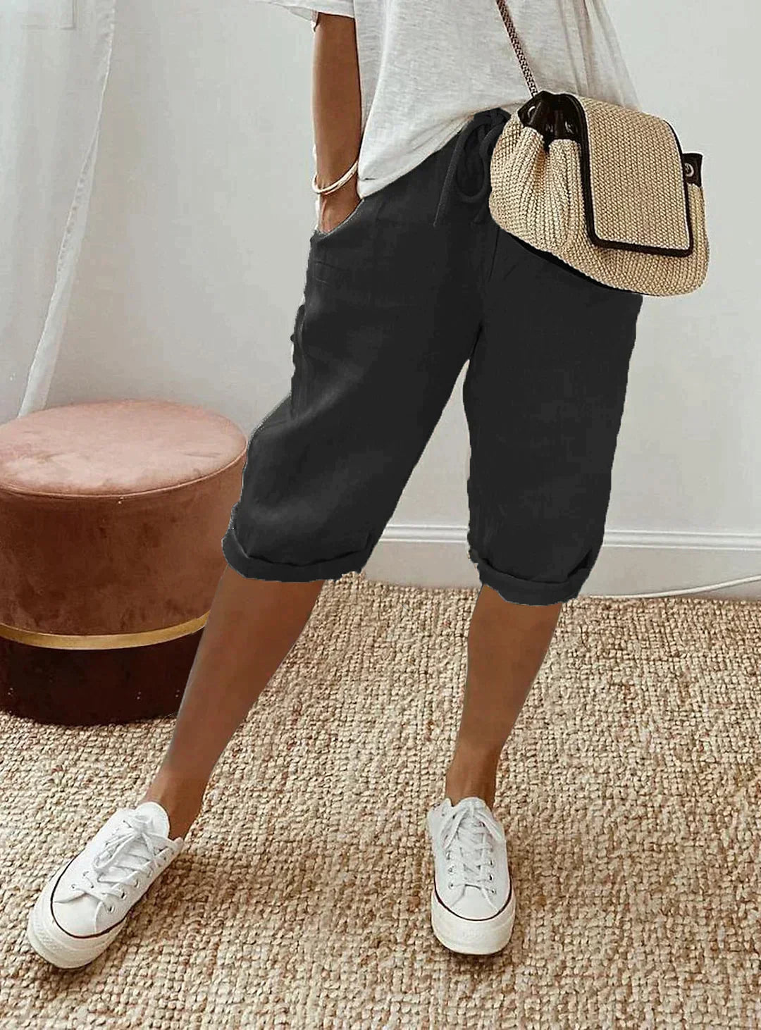Glevato | Women's Linen Cropped Pants with Drawstring