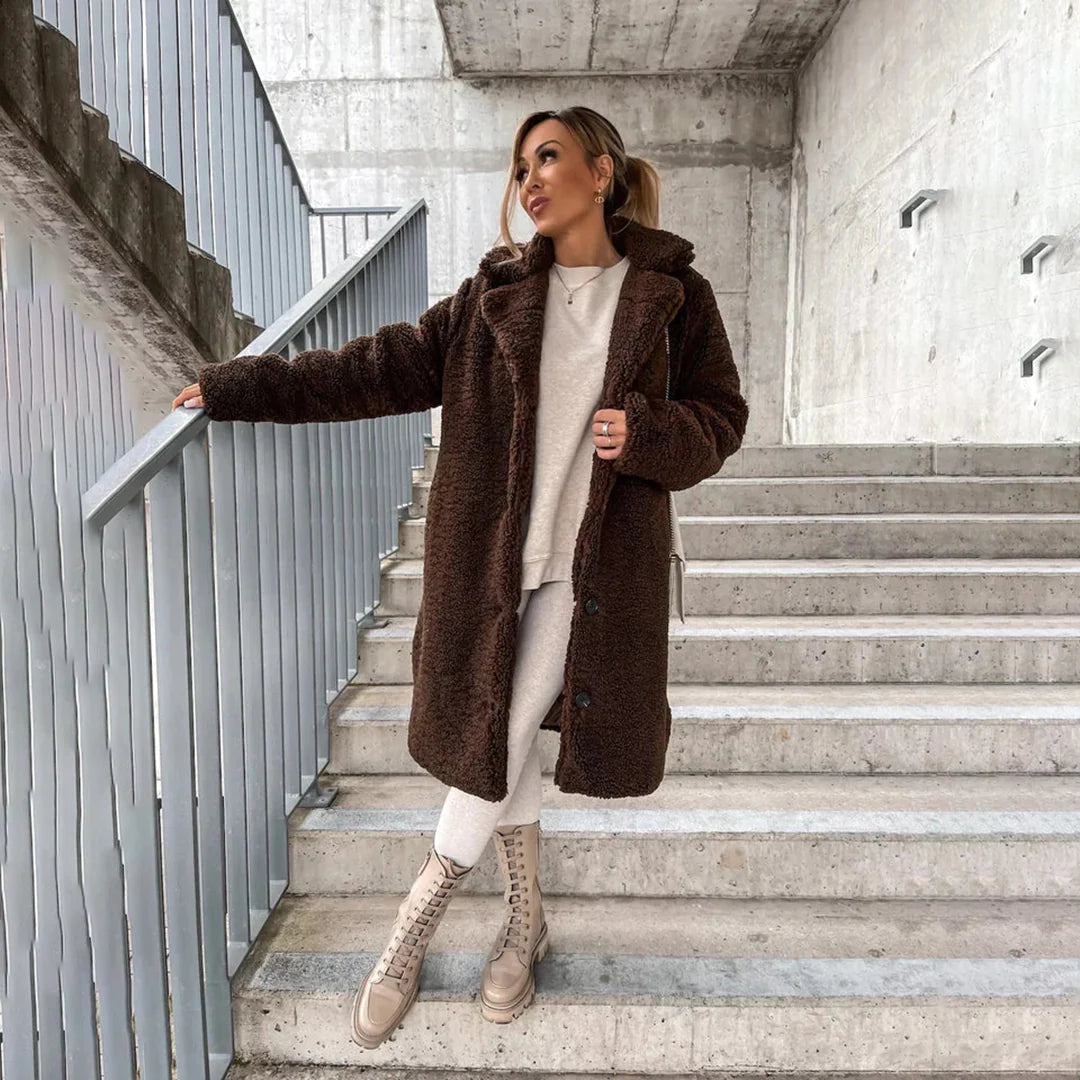 Glevato | Women's Long Teddy Coat with Lapel Collar