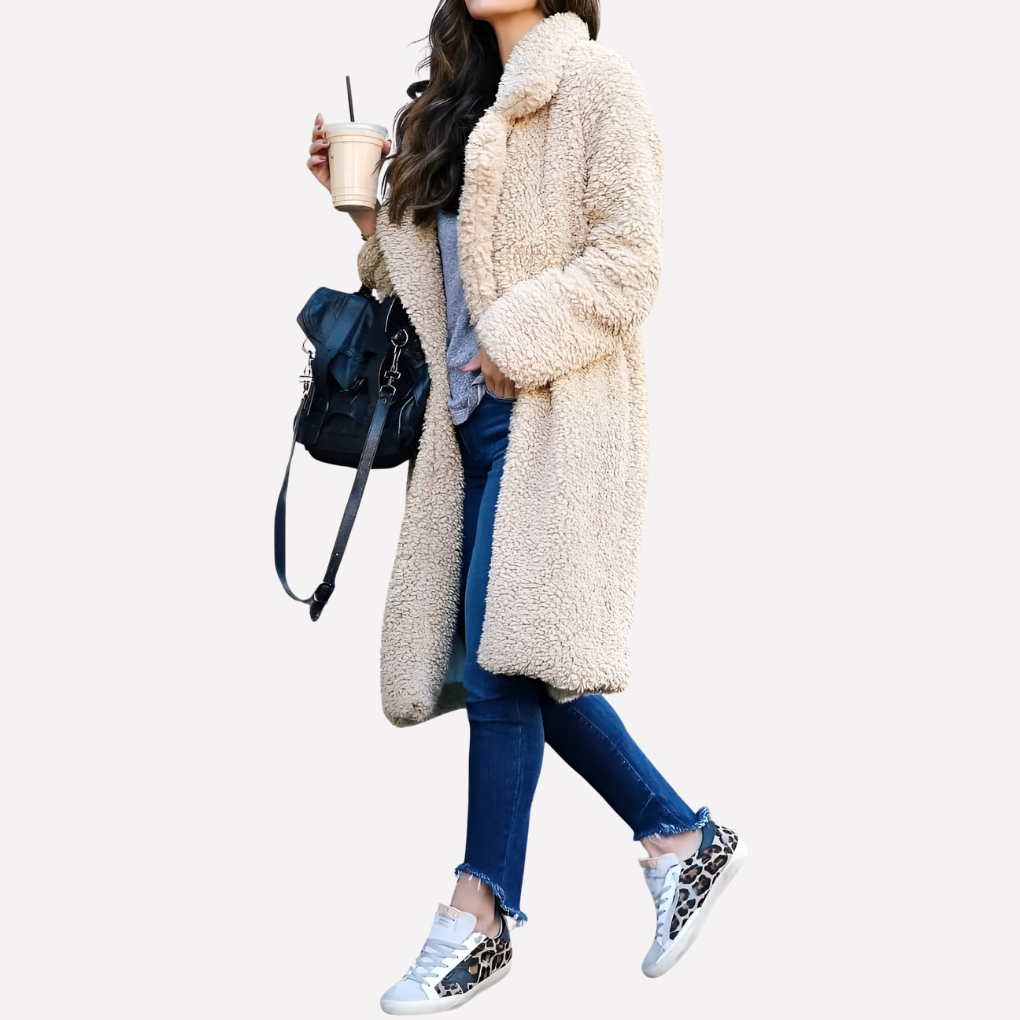 Glevato | Women's Long Teddy Coat with Notched Collar