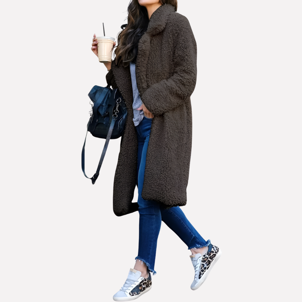 Glevato | Women's Long Teddy Coat with Notched Collar