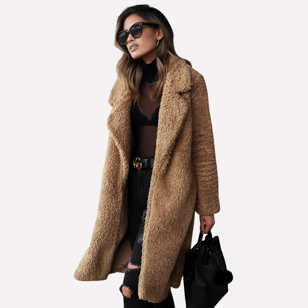 Glevato | Women's Long Teddy Coat with Notched Collar