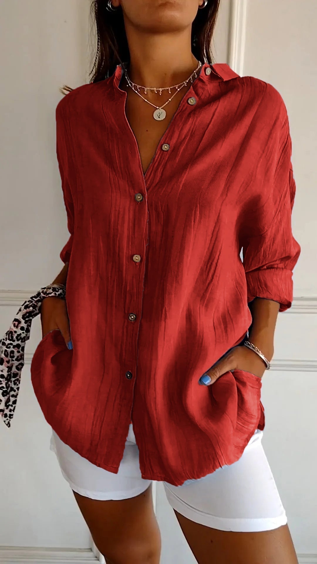 Glevato | Women's Loose Button-Up Shirt - Crinkled Linen Blend