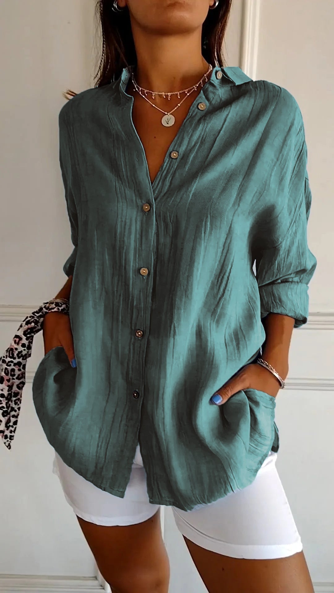Glevato | Women's Loose Button-Up Shirt - Crinkled Linen Blend