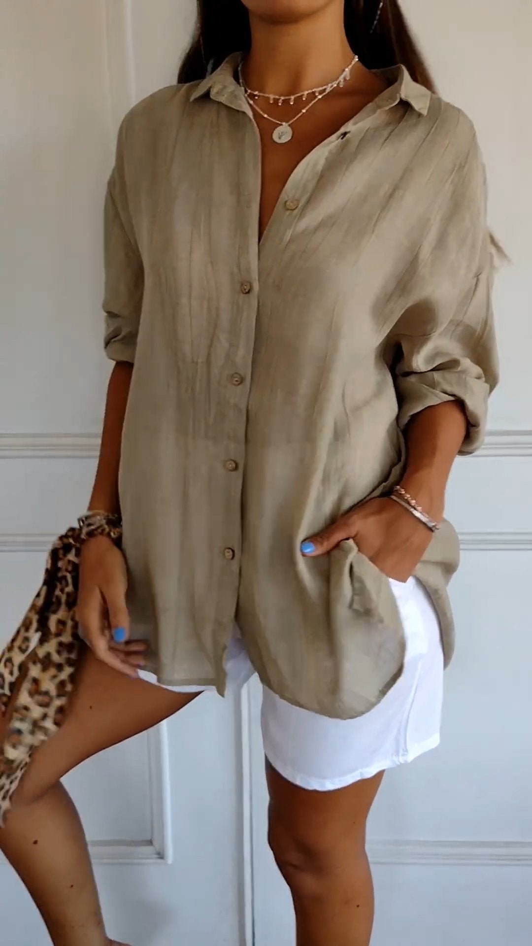 Glevato | Women's Loose Button-Up Shirt - Crinkled Linen Blend