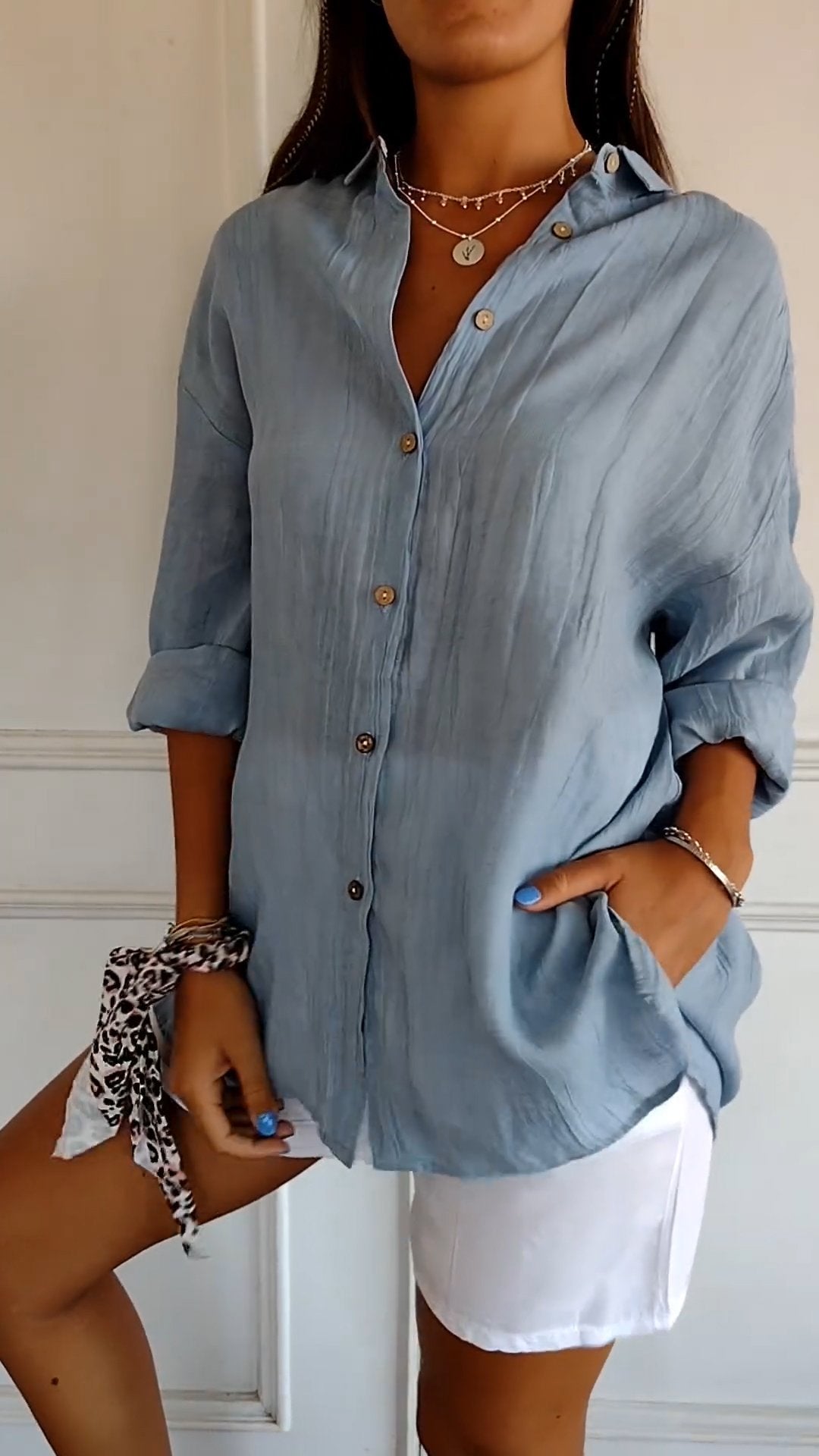 Glevato | Women's Loose Button-Up Shirt - Crinkled Linen Blend