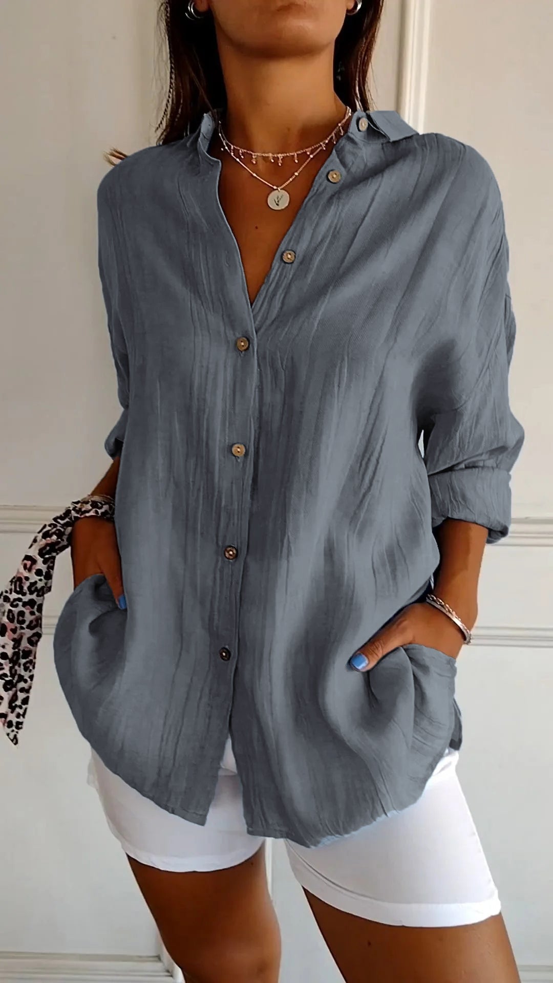 Glevato | Women's Loose Button-Up Shirt - Crinkled Linen Blend