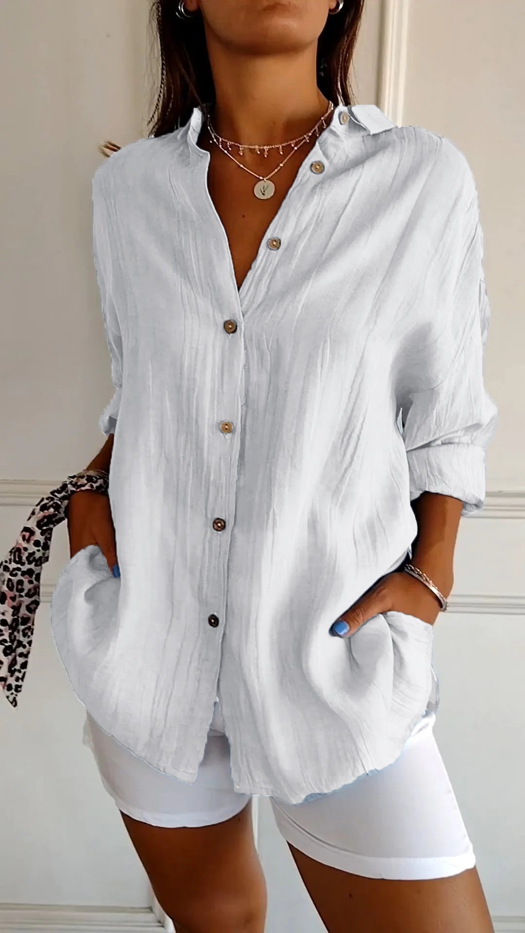 Glevato | Women's Loose Button-Up Shirt - Crinkled Linen Blend