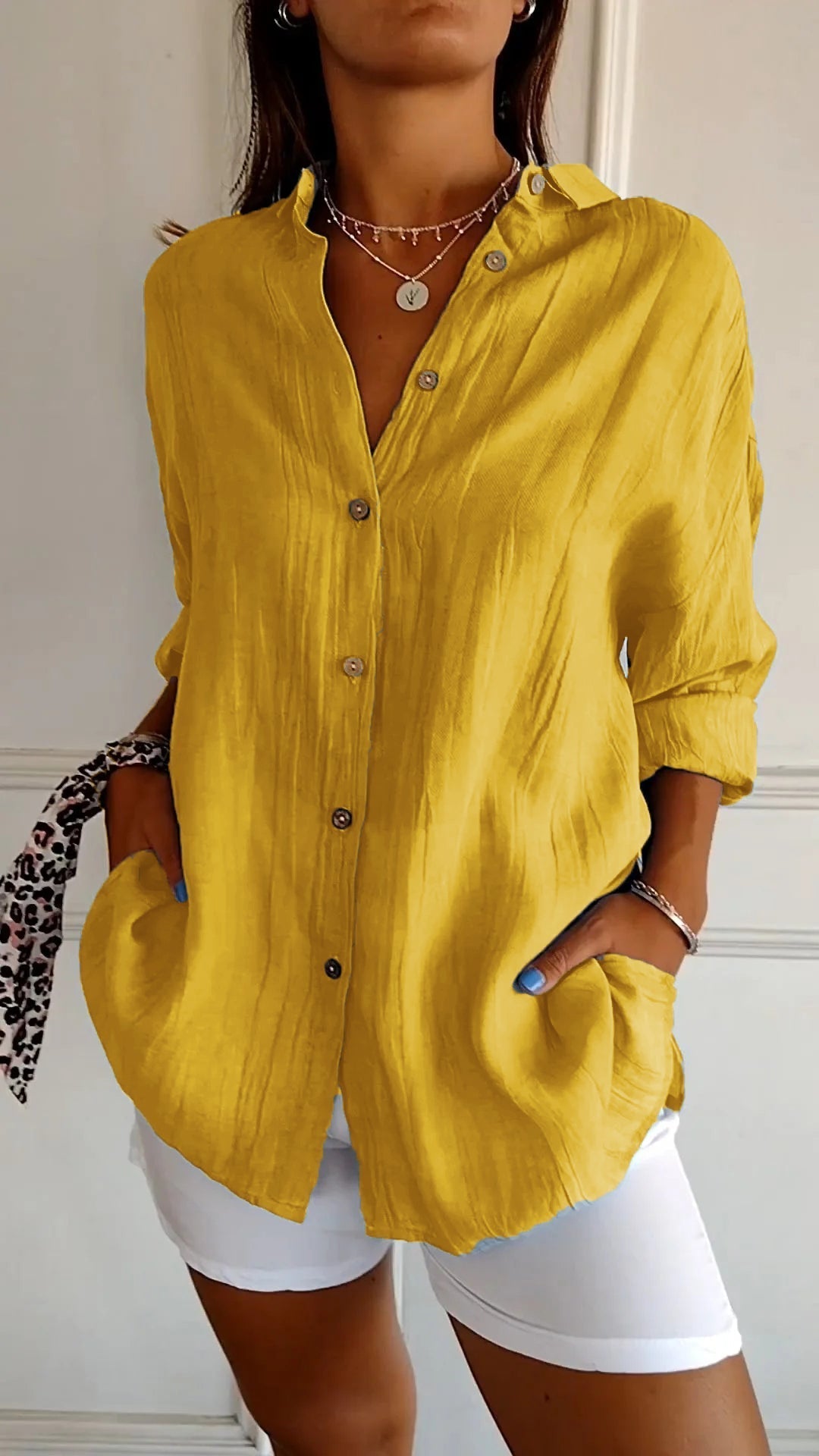 Glevato | Women's Loose Button-Up Shirt - Crinkled Linen Blend