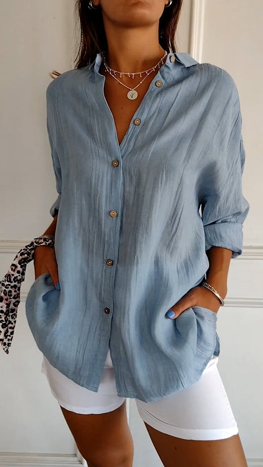 Glevato | Women's Loose Button-Up Shirt - Crinkled Linen Blend