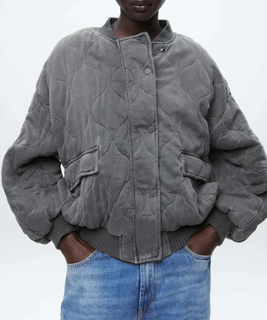 Glevato - Women's Loose-Fitting Gray Bomber Jacket