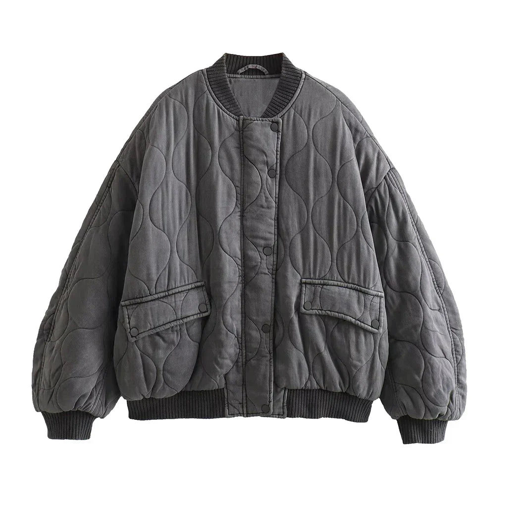 Glevato - Women's Loose-Fitting Gray Bomber Jacket