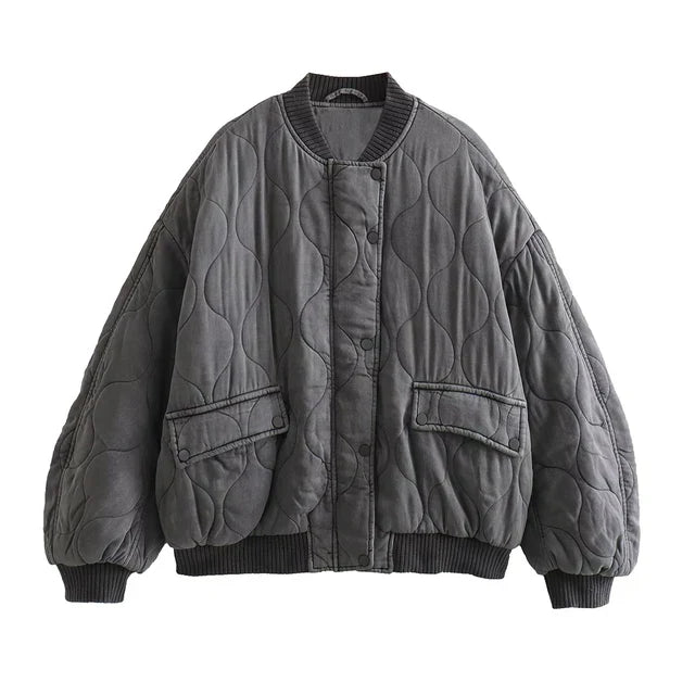 Glevato - Women's Loose-Fitting Gray Bomber Jacket