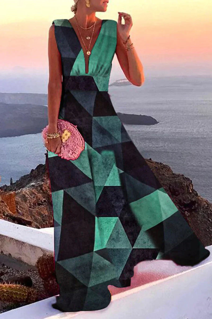 Glevato | Women's Maxi Dress with V-Neck and Geometric Print