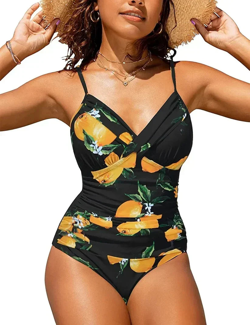 Glevato | Women's Ruched V-Neck One-Piece Swimsuit