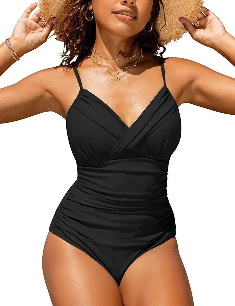 Glevato | Women's Ruched V-Neck One-Piece Swimsuit