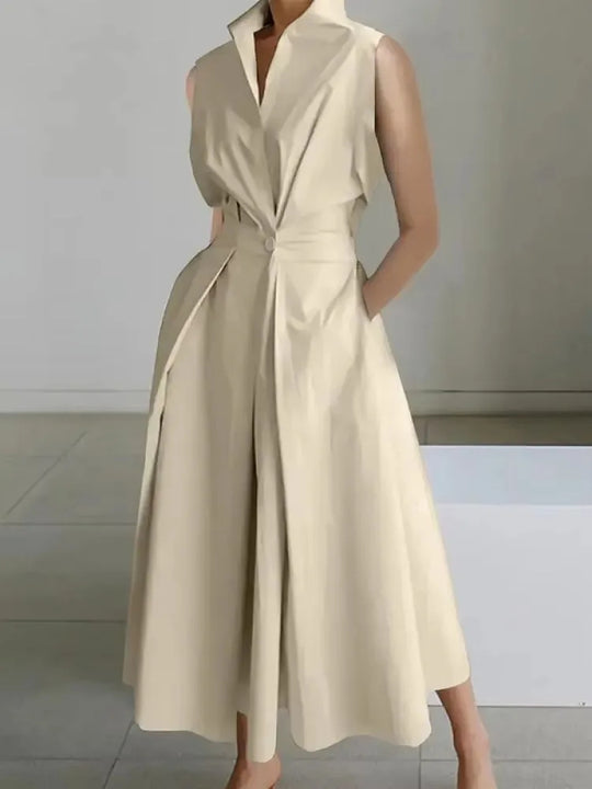 Glevato | Women's Sleeveless Lapel Midi Dress