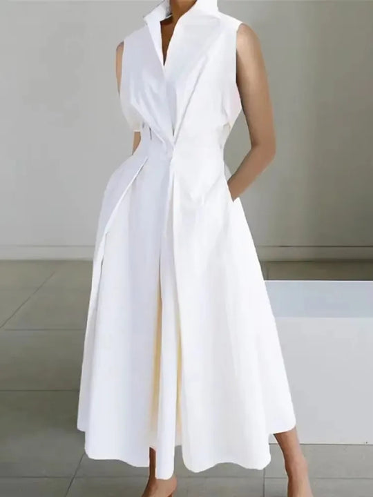 Glevato | Women's Sleeveless Lapel Midi Dress