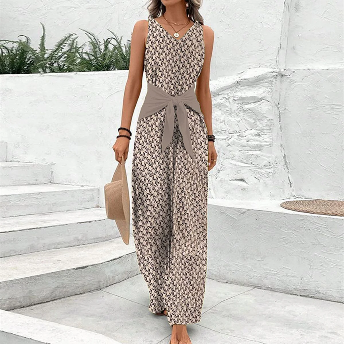 Glevato | Women's Sleeveless V-Neck Wide Leg Jumpsuit with Belt