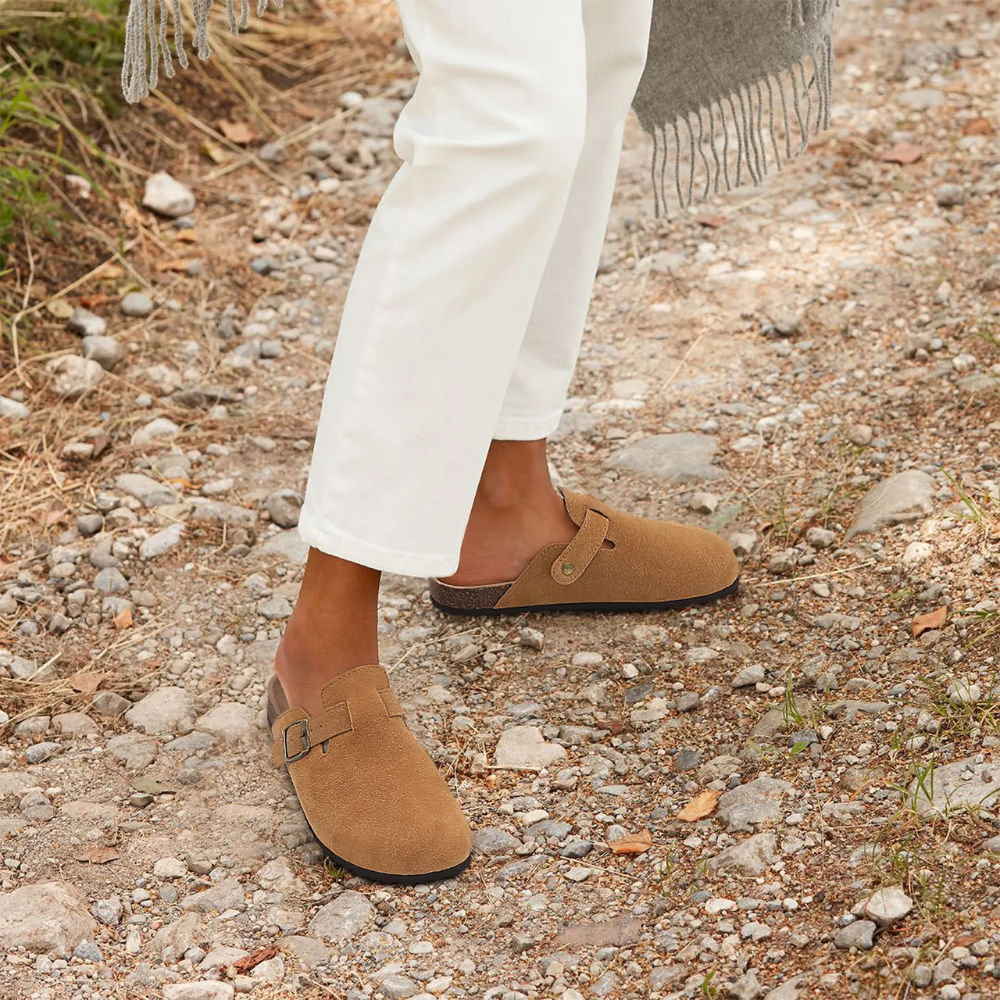 Glevato | Women's Suede Cork Clogs with Buckle Strap