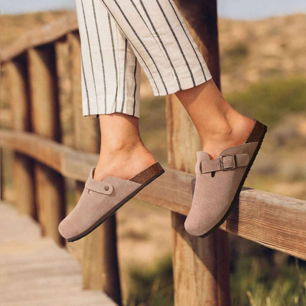 Glevato | Women's Suede Cork Clogs with Buckle Strap