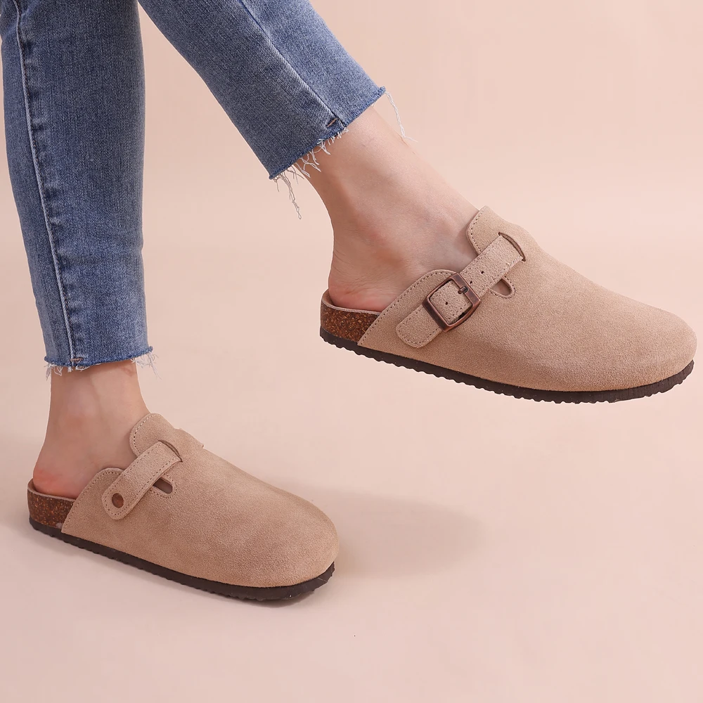 Glevato | Women's Suede Cork Clogs with Buckle Strap