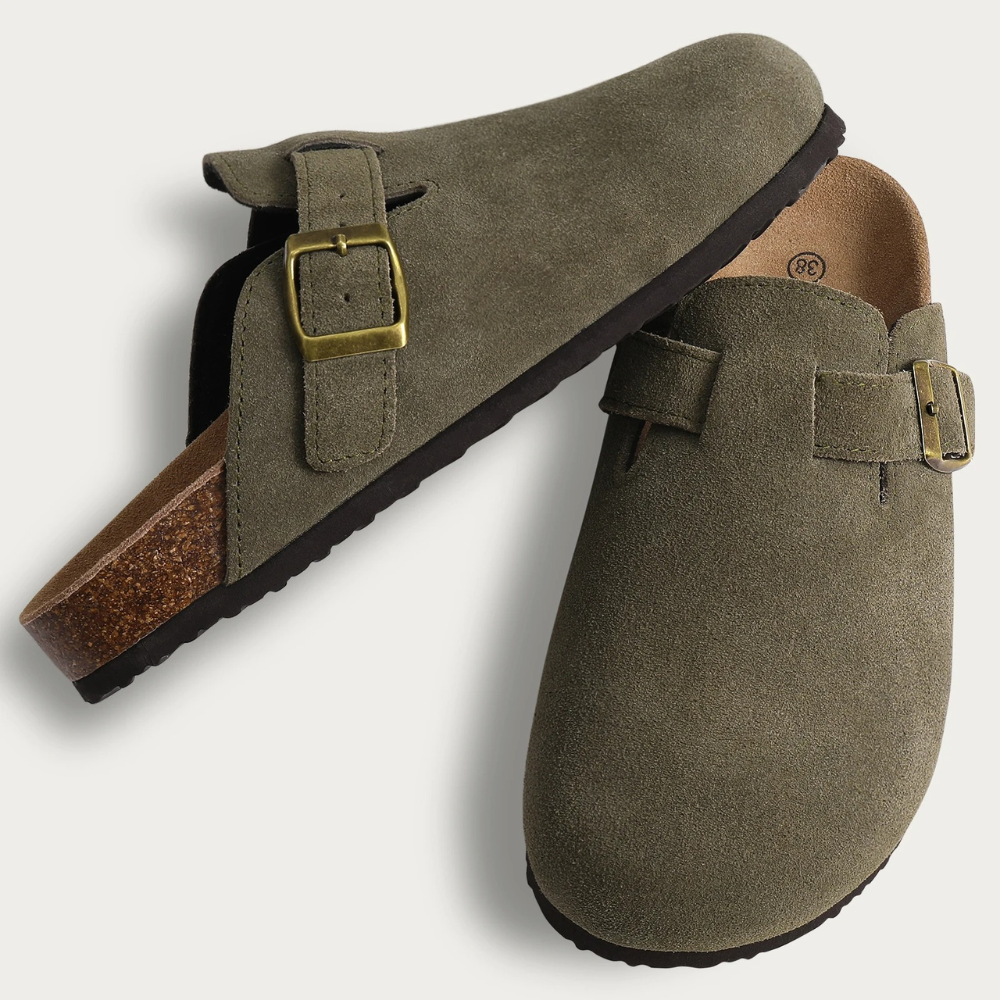 Glevato | Women's Suede Cork Clogs with Buckle Strap